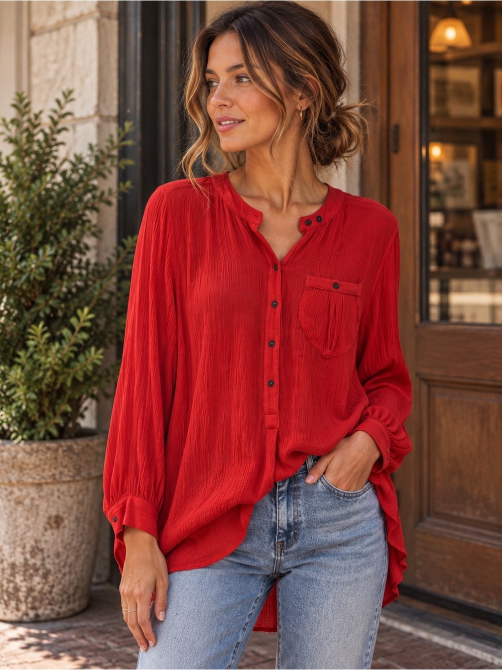 Free People Red Textured High Low Button Front Tunic Blouse XS